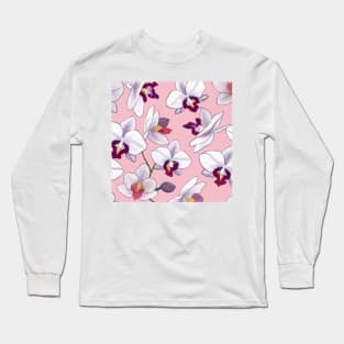 Purple Hues and White Blooms: Floral Design on Pink Long Sleeve T-Shirt